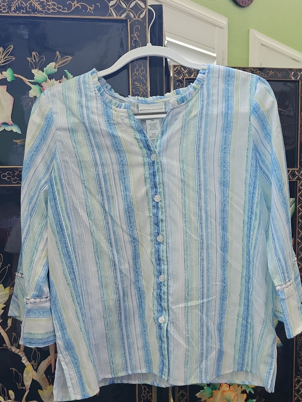 Alfred Dunner Blue, White & Light Green Striped Button-Front Blouse